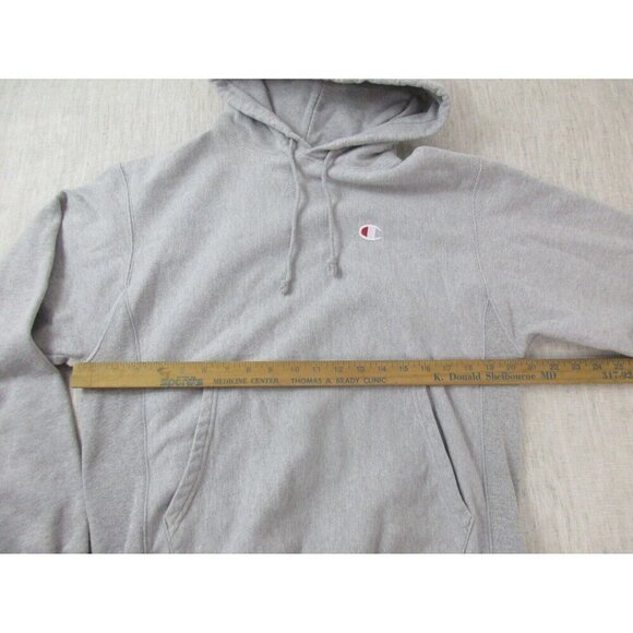 Champion Hoodie Men Gray Fleece Long Sleeve Embroidered Logo Drawstring Pullover - Picture 9 of 11